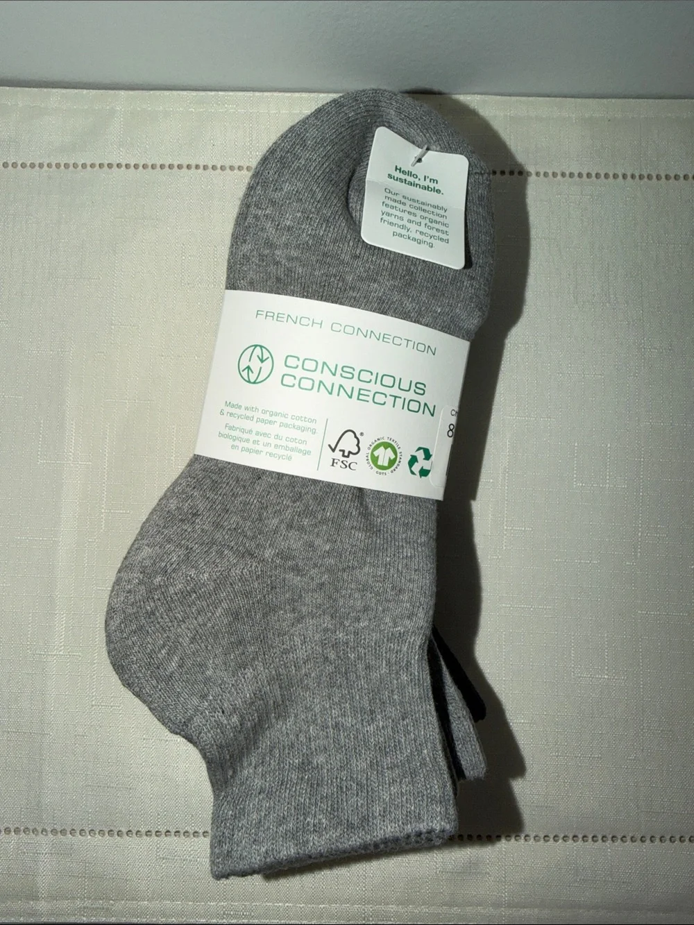 French Connection 5pk White Heather Silver Black Organic Cotton Blend Knit Socks